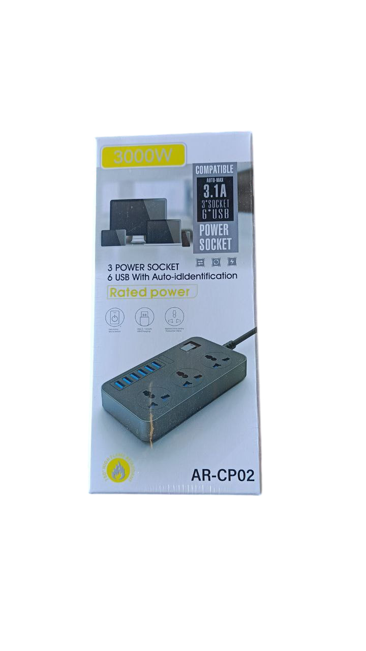 Подовжувач на 3 розетки та 6 USB роз'ємів, AR-CP02