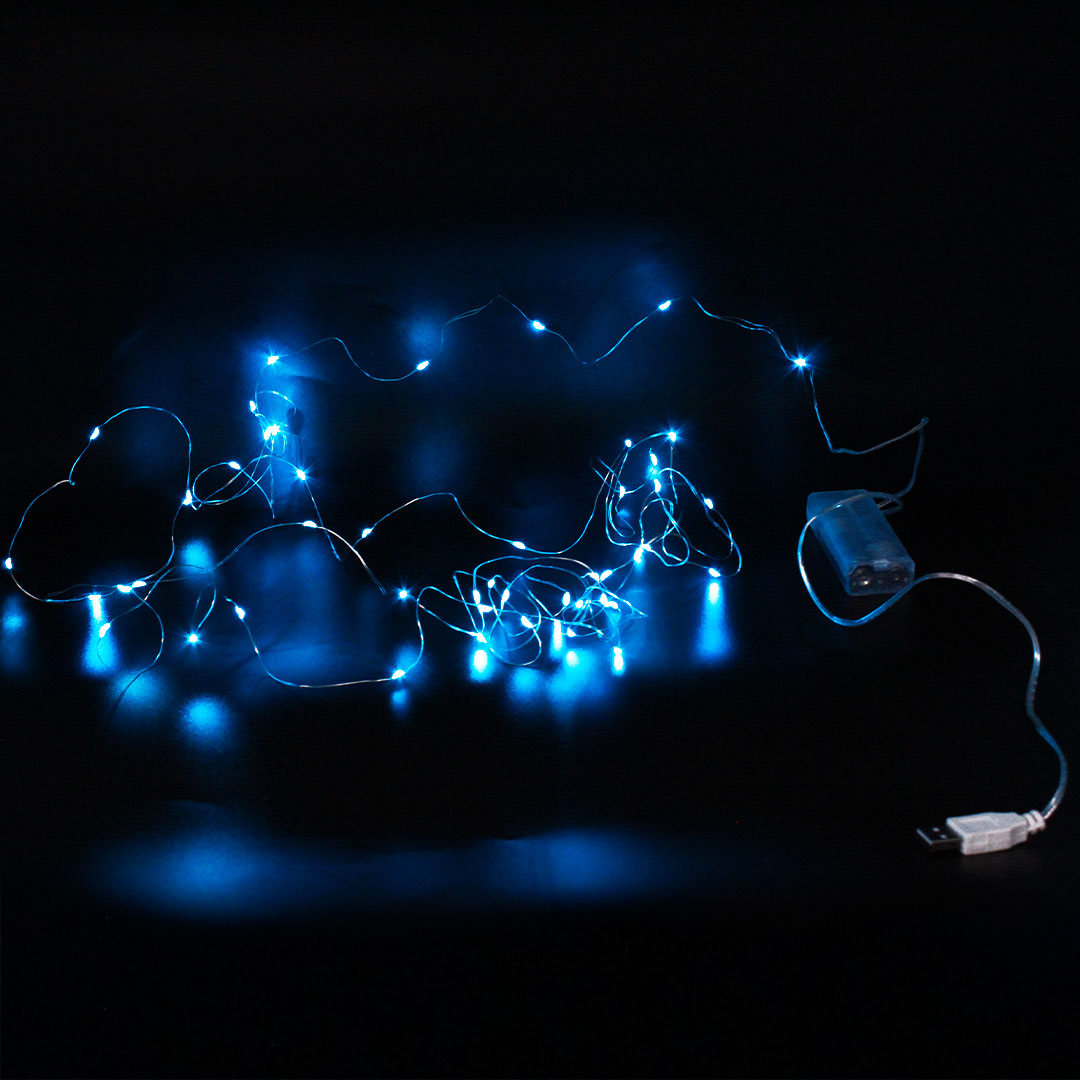 Xmas гірлянд 50 Led 5M (Copper) на мідному дроті (Крапля роси) B BLUE працює від батарей + USB
